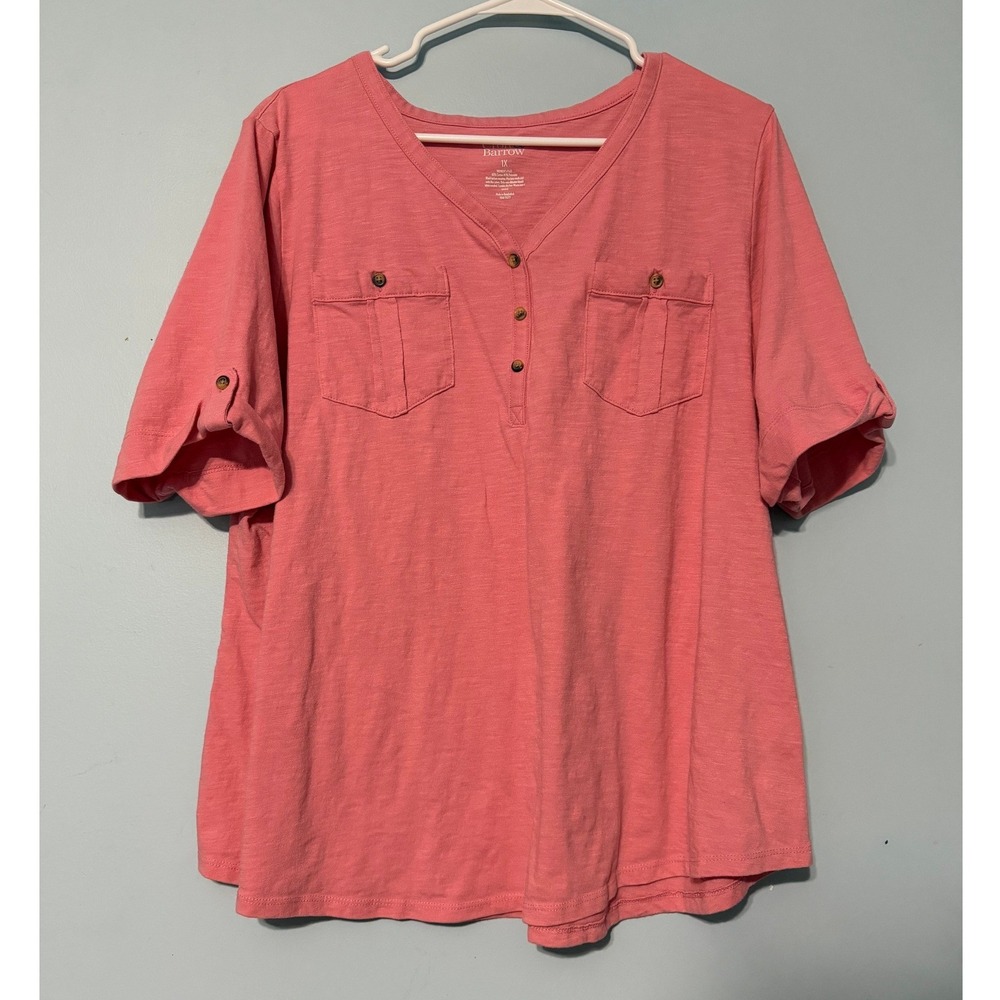 Croft & Barrow Women's 1X Coral Pink Henley Slub Knit Short Sleeve Pocket 2365